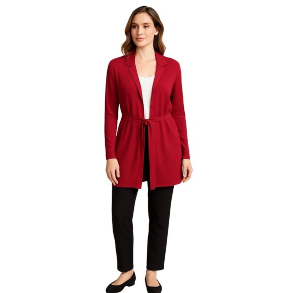 Fred David Red Ribbed Knit Button Front Long Cardigan Belted L Career Chic 64-48
